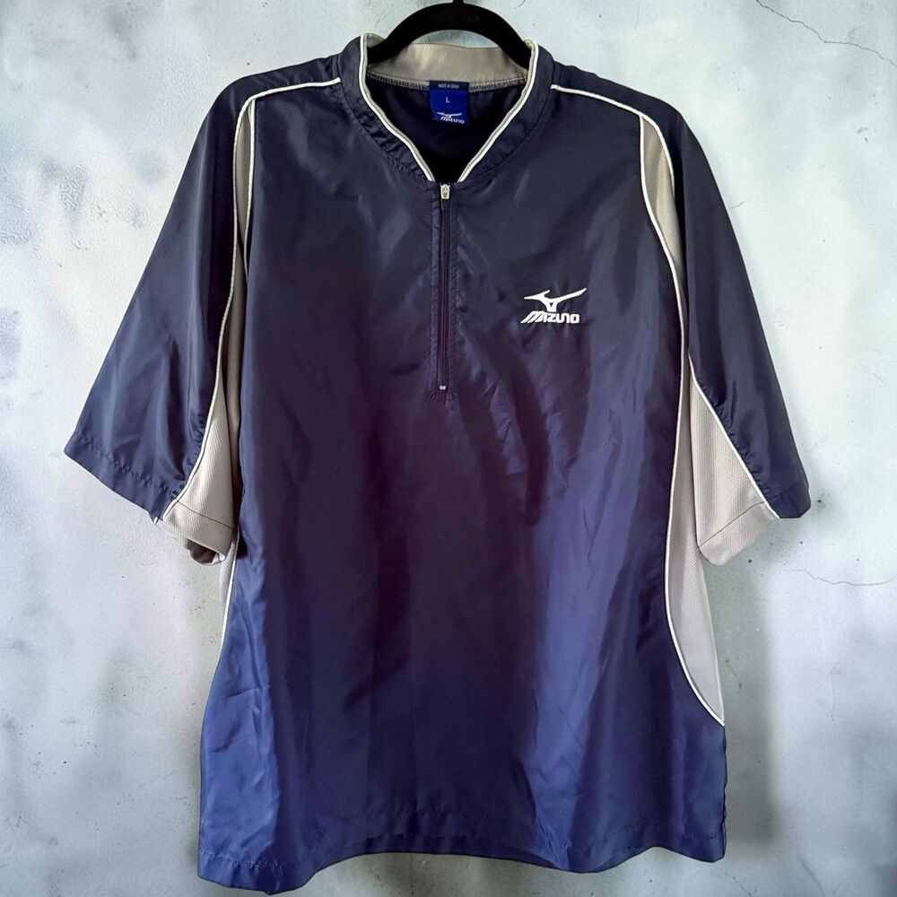 Mizuno Warm Up Windbreaker Mens Large Blue Gray Performance 1/4 Zip Pullover L